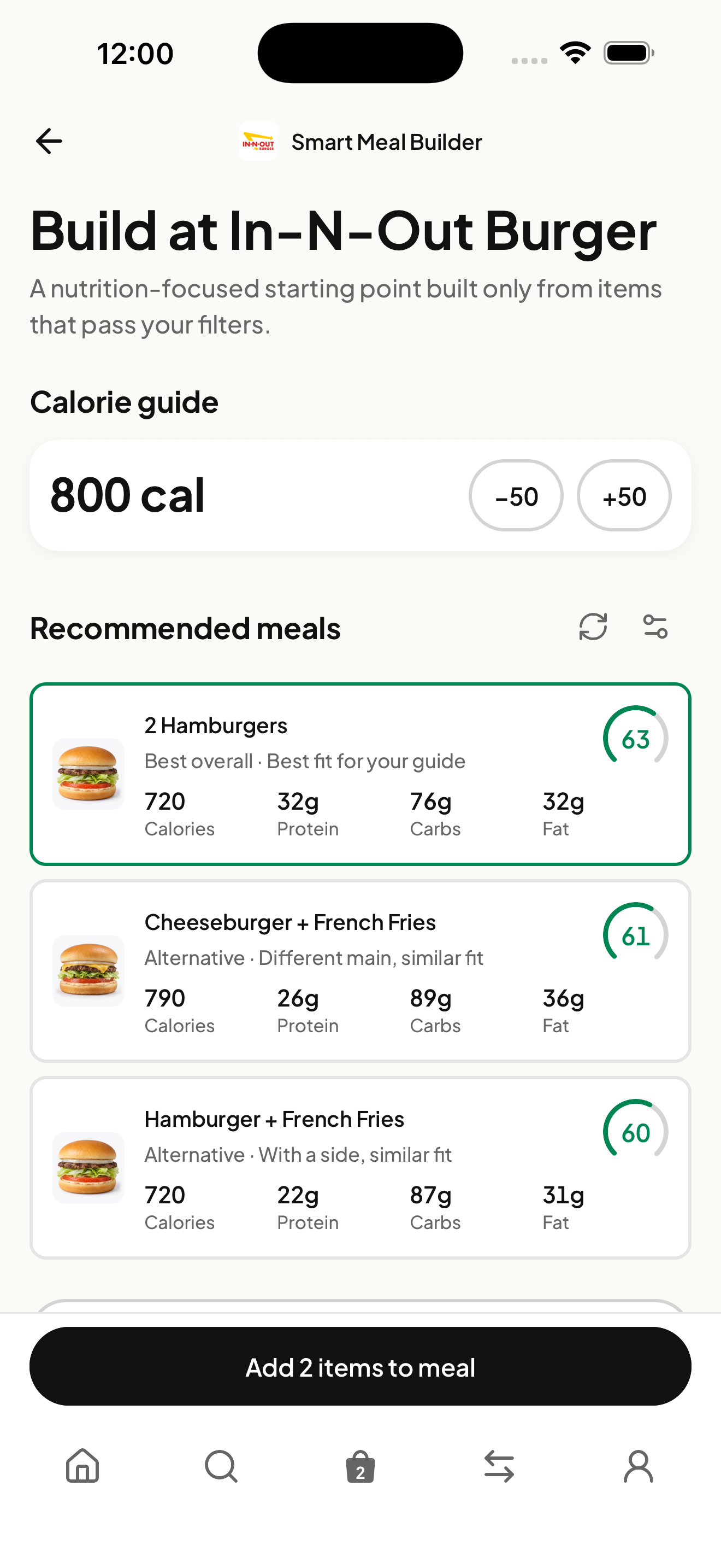 FatChance PRO Smart Meal Builder showing In-N-Out Burger meal options and their nutrition totals